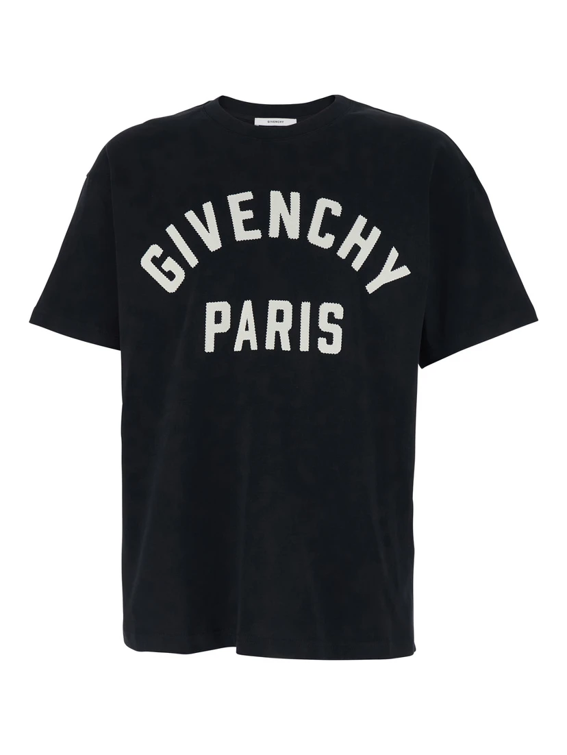 Black Crewneck T-Shirt with Maxi Logo Lettering on the Front in Cotton Man