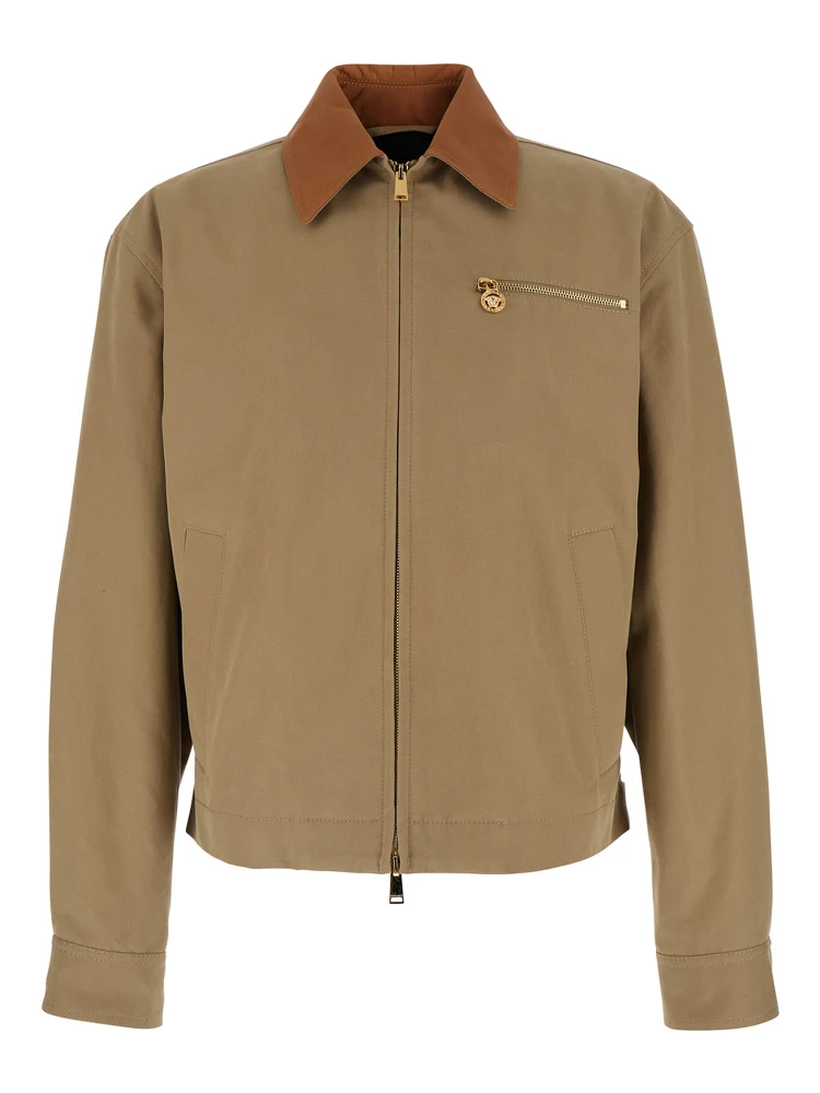 Beige Jacket with Leather Collar and Metallic Medusa Head Detail in Cotton Canvas Man