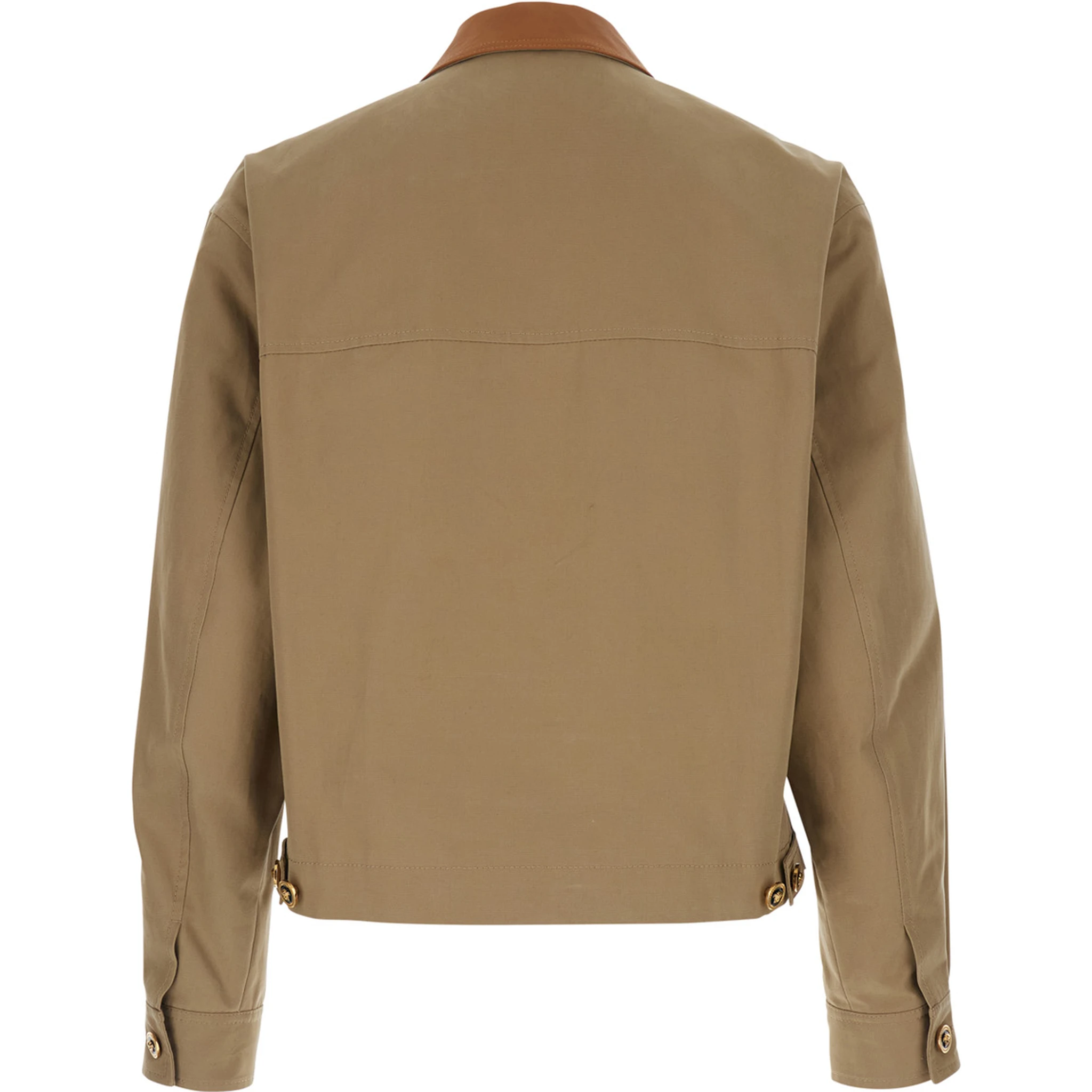 Beige Jacket with Leather Collar and Metallic Medusa Head Detail in Cotton Canvas Man