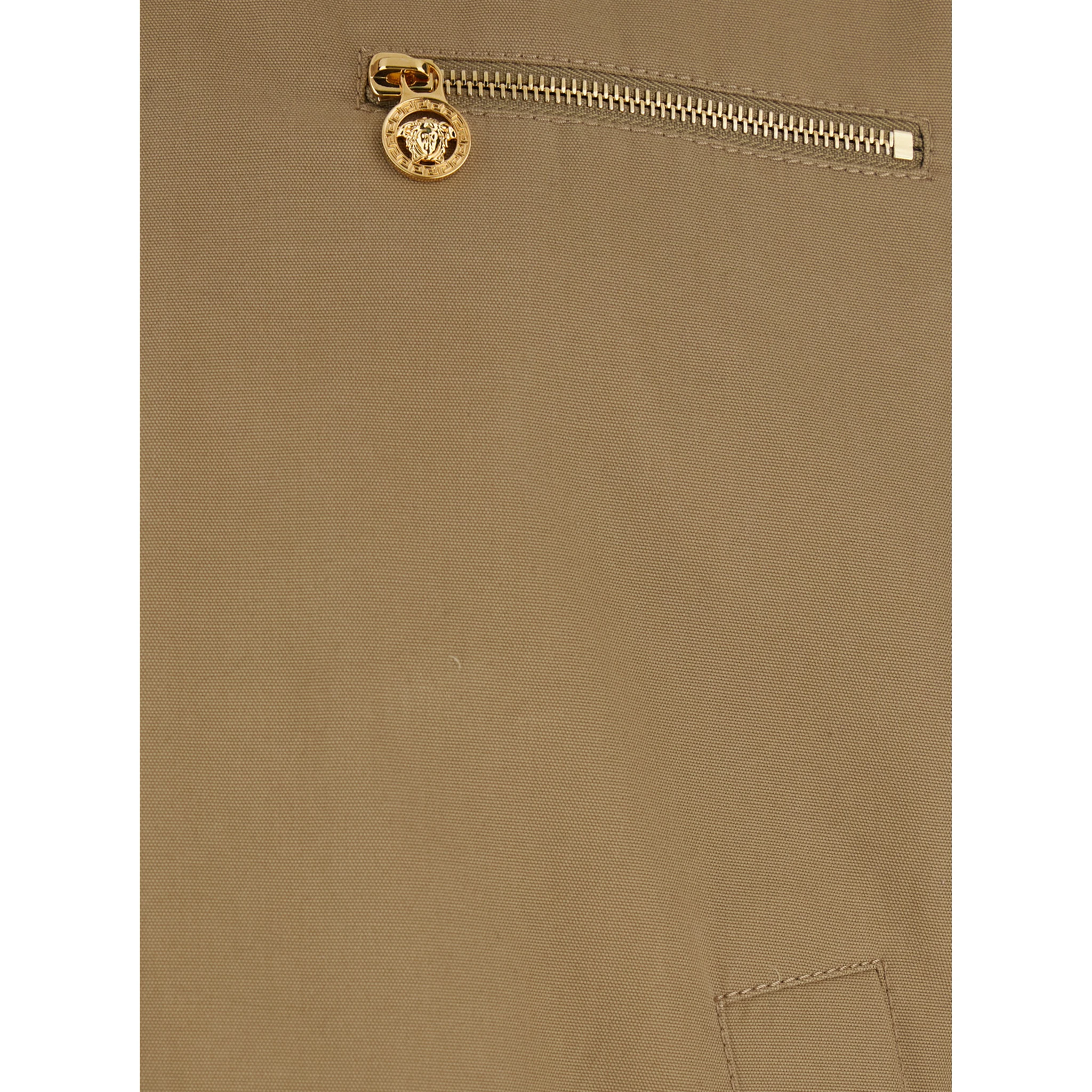 Beige Jacket with Leather Collar and Metallic Medusa Head Detail in Cotton Canvas Man