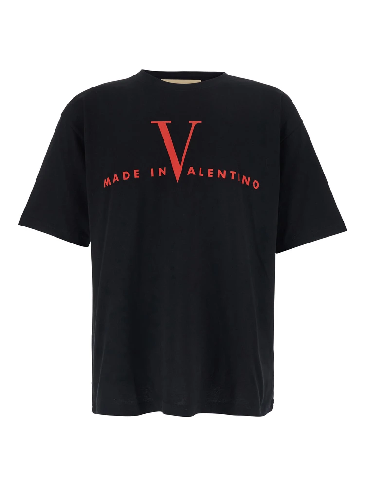 Black Crew Neck T-Shirt with Logo Print on the Front and Dropped Shoulders in Cotton Man