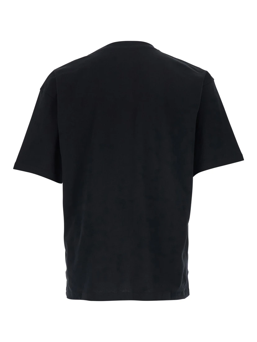 Black Crew Neck T-Shirt with Logo Print on the Front and Dropped Shoulders in Cotton Man