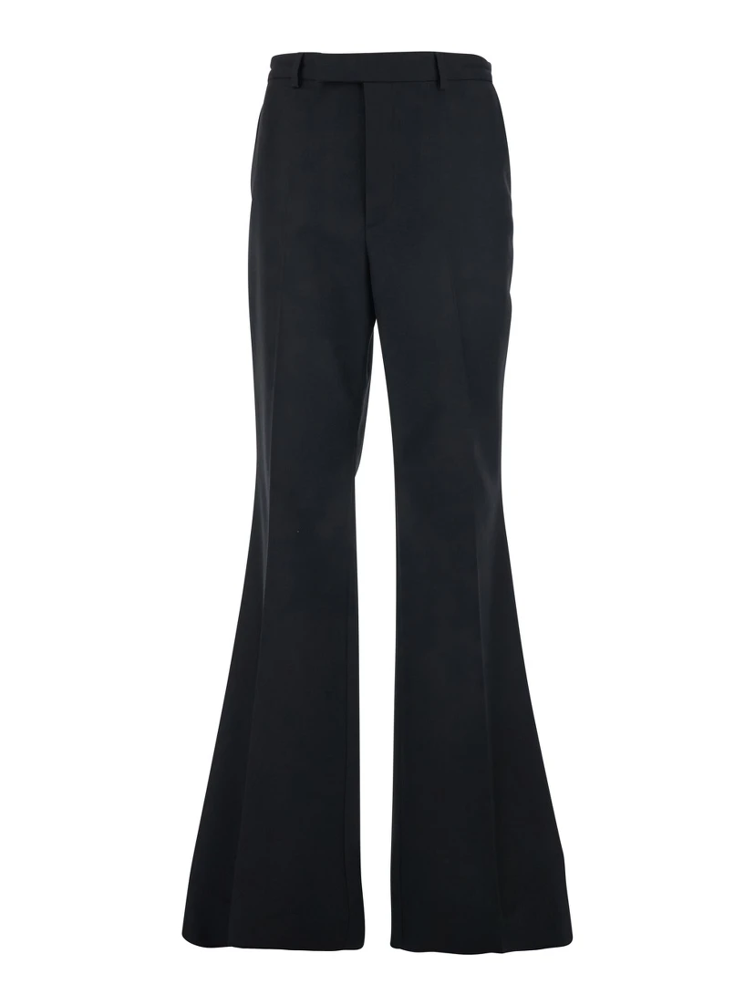 Black Flared Trousers with Pleats on Front and Back in Nylon and Wool Gabardine Man