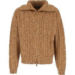 Beige Turtleneck Sweater with Zip Closure and Medusa Head Embroidered on the Back in Virgin Wool Man