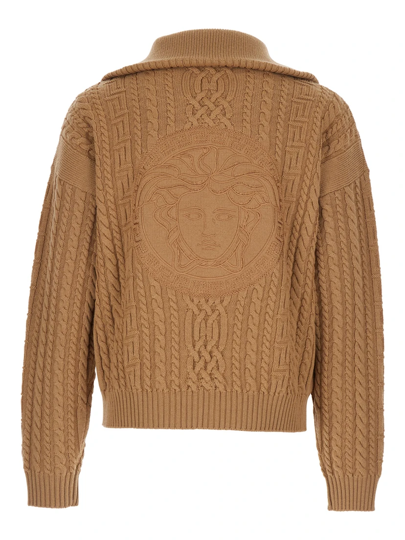Beige Turtleneck Sweater with Zip Closure and Medusa Head Embroidered on the Back in Virgin Wool Man