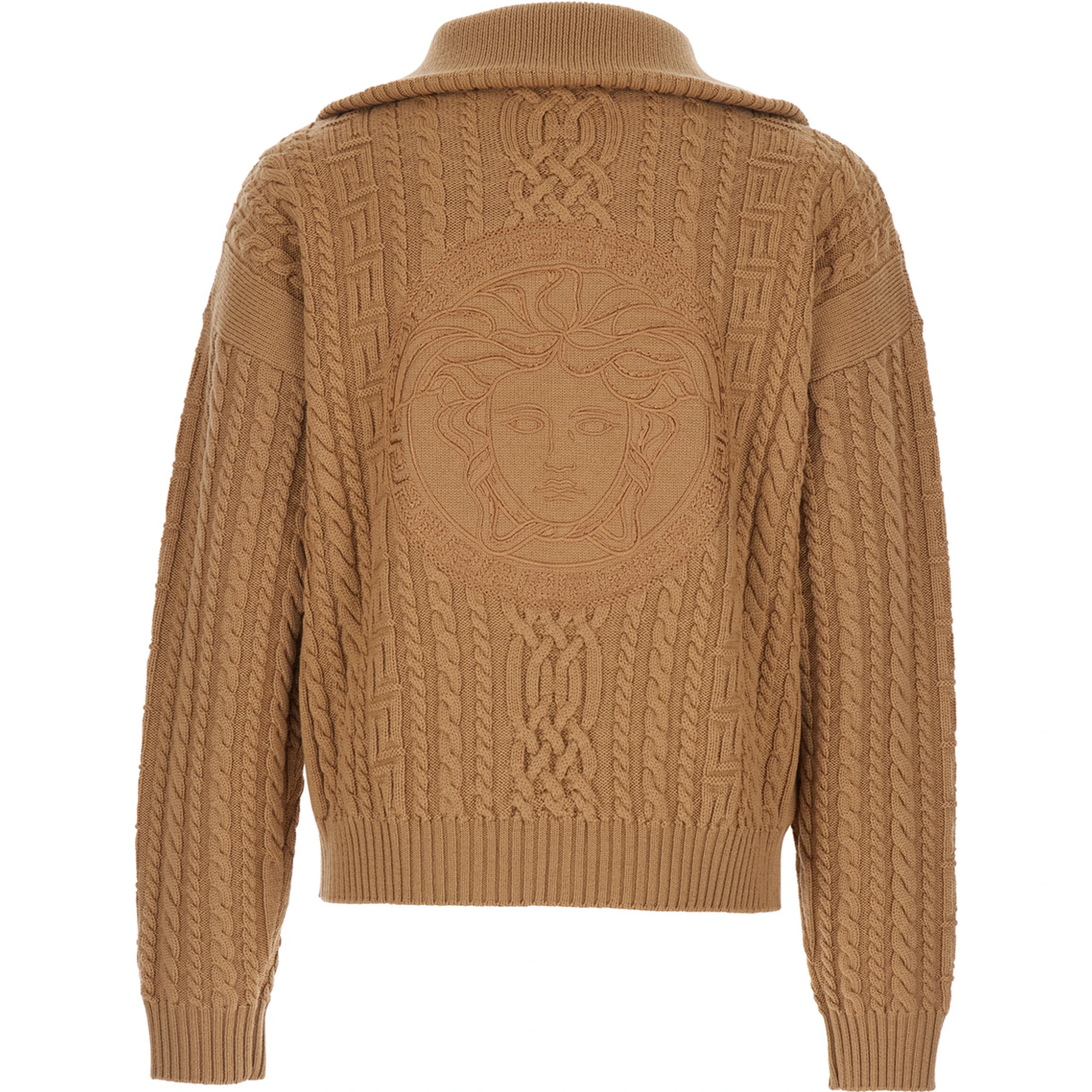 Beige Turtleneck Sweater with Zip Closure and Medusa Head Embroidered on the Back in Virgin Wool Man