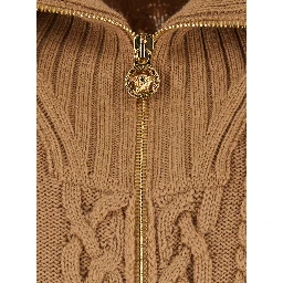 Beige Turtleneck Sweater with Zip Closure and Medusa Head Embroidered on the Back in Virgin Wool Man