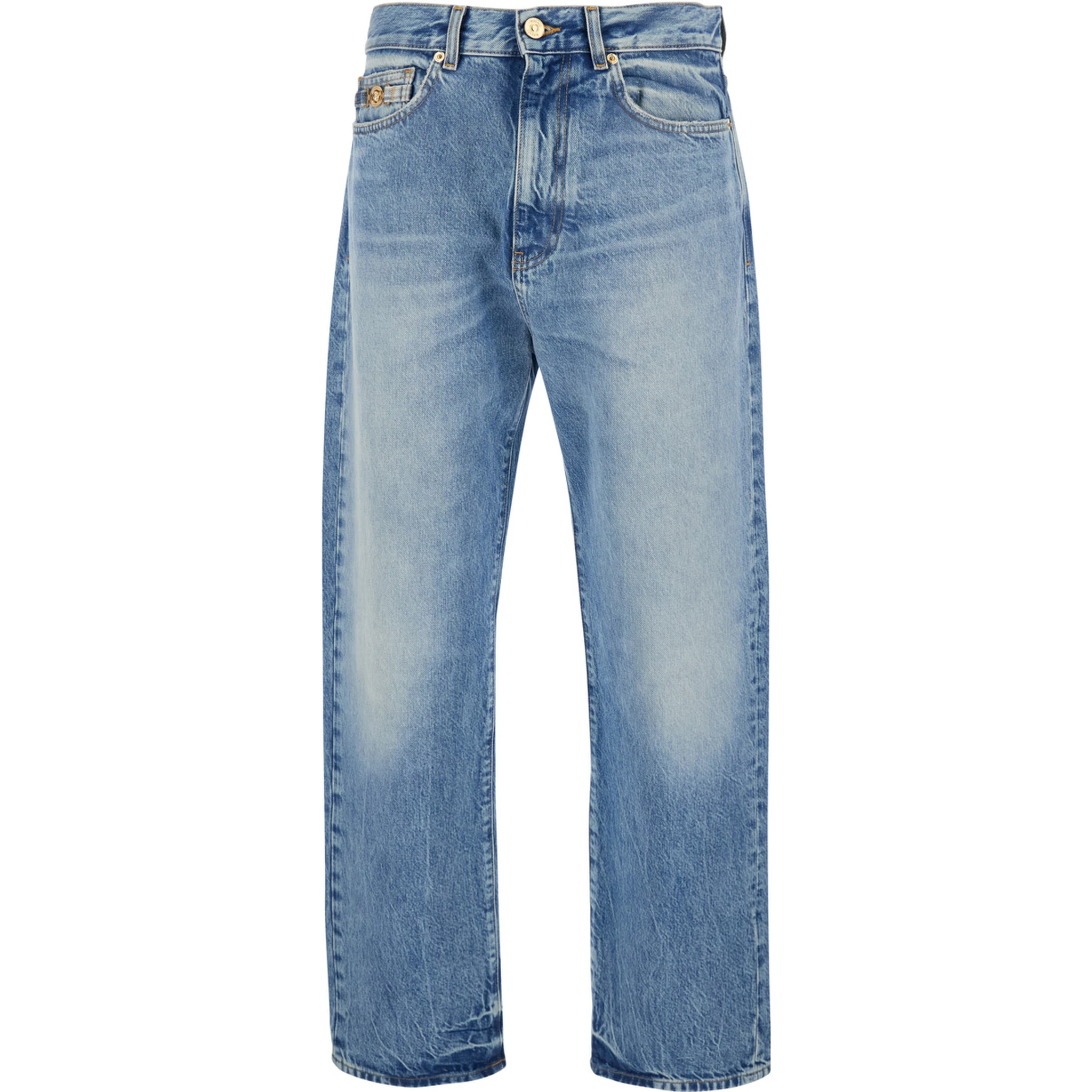 Blue Jeans with Back Logo Patch and Faded Effect in Denim Man