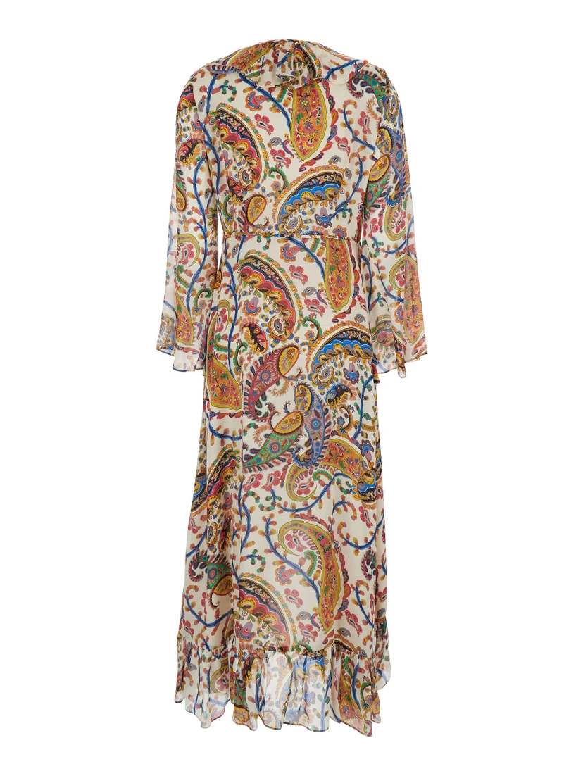 Multicolor Long Dress with V Neck and All-Over Paisley Motif in Silk Woman