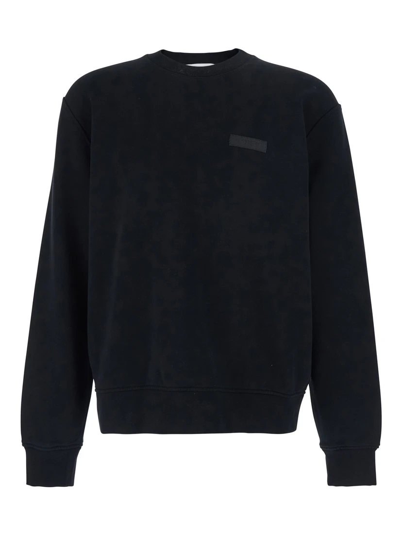 Black Crewneck Sweatshirt with Logo Patch on the Front in Cotton Man