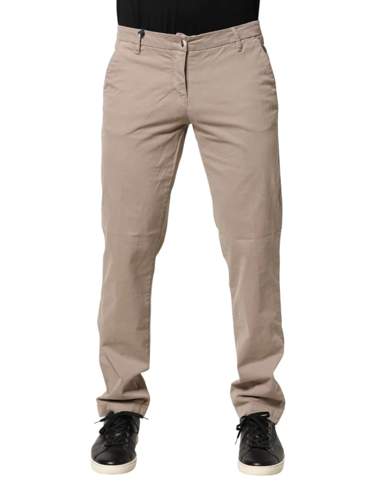 Beige Cotton Stretch Straight Mid Waist Trouser Pants