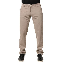 Beige Cotton Stretch Straight Mid Waist Trouser Pants