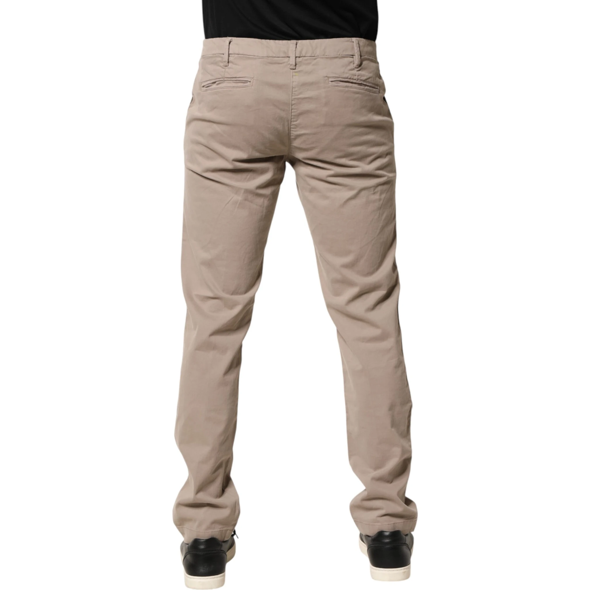 Beige Cotton Stretch Straight Mid Waist Trouser Pants