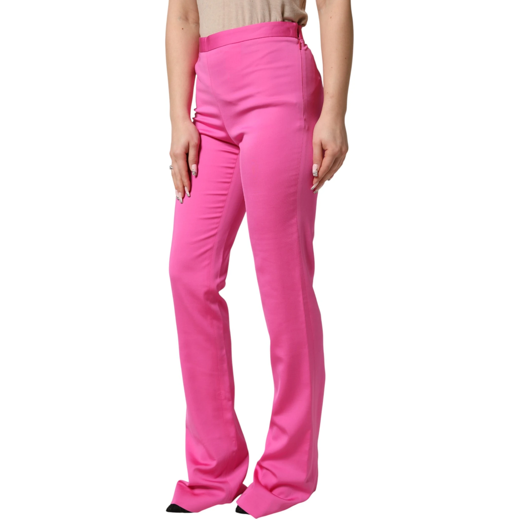 Pink Viscose High Waist Straight Casual Trouser Pants