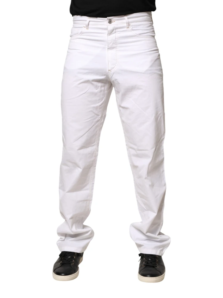 White Cotton Mid Waist Straight Men Denim Jeans