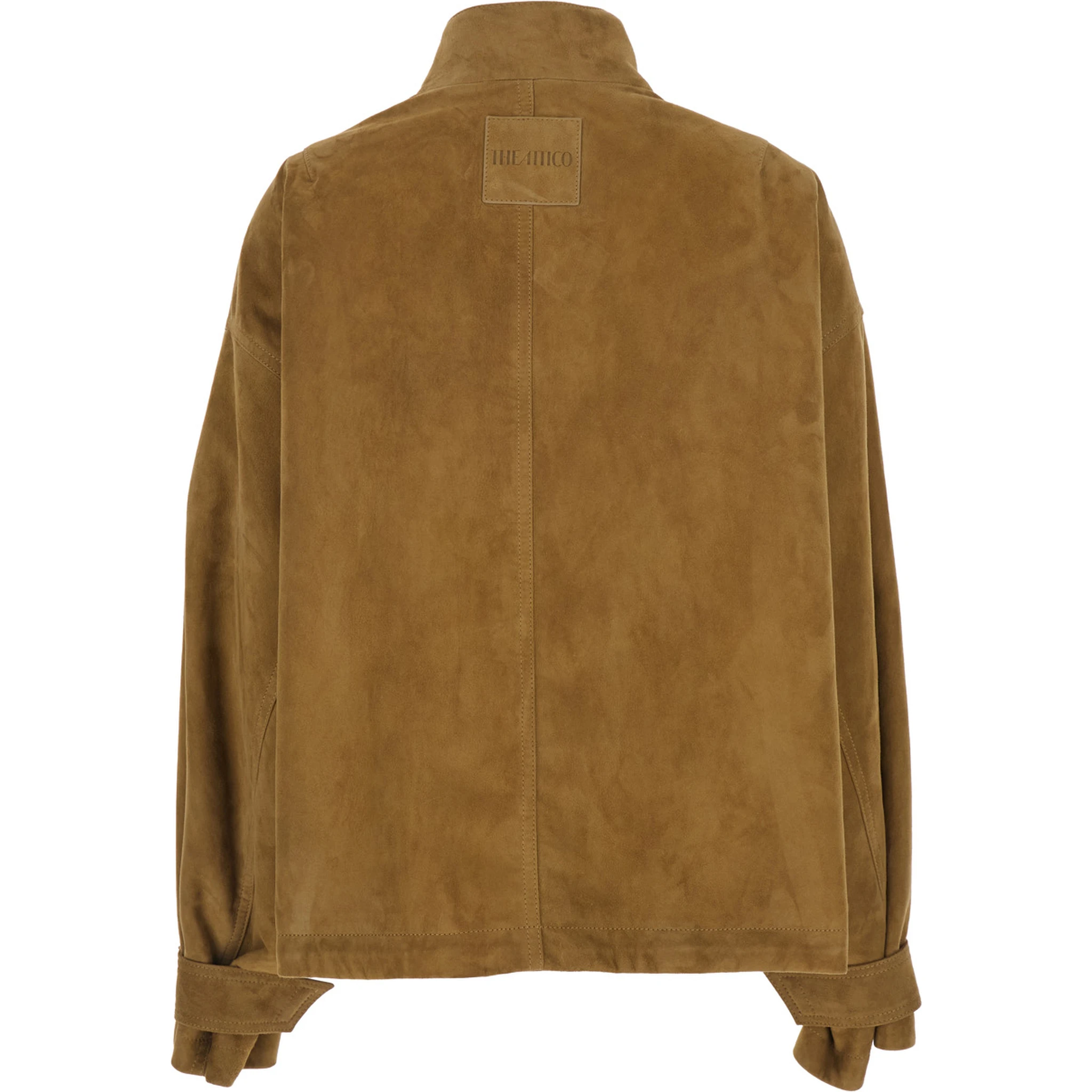 جاكيت بيج بياقة عالية وشعار على الظهر من جلد الغزال للنساء