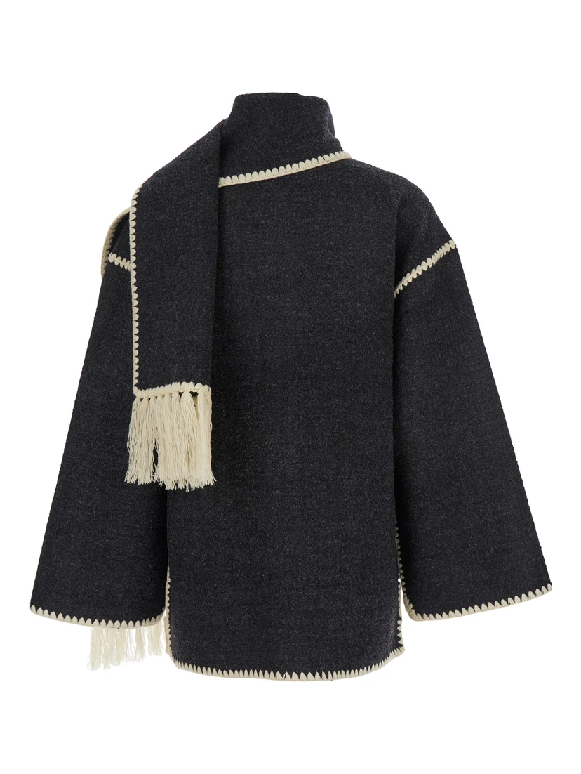 Black Jacket with Scarf Detail on the Front in Wool Blend Woman