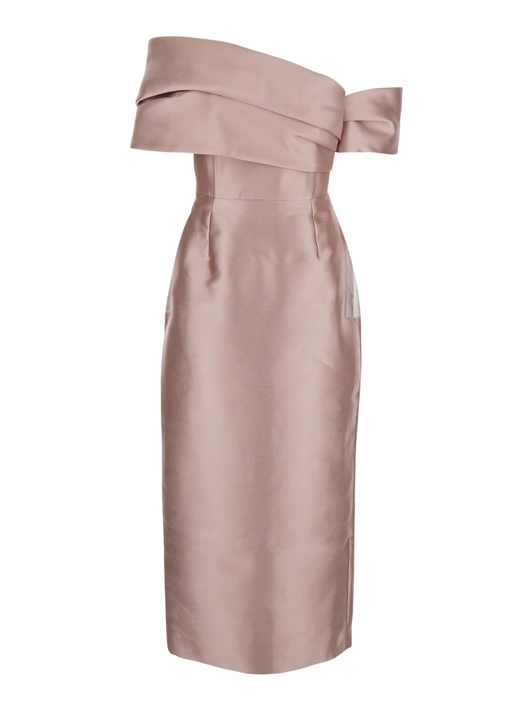 Mirla Pink Long Dress with Off-the-Shoulder Design and Back Slit in Fabric Woman