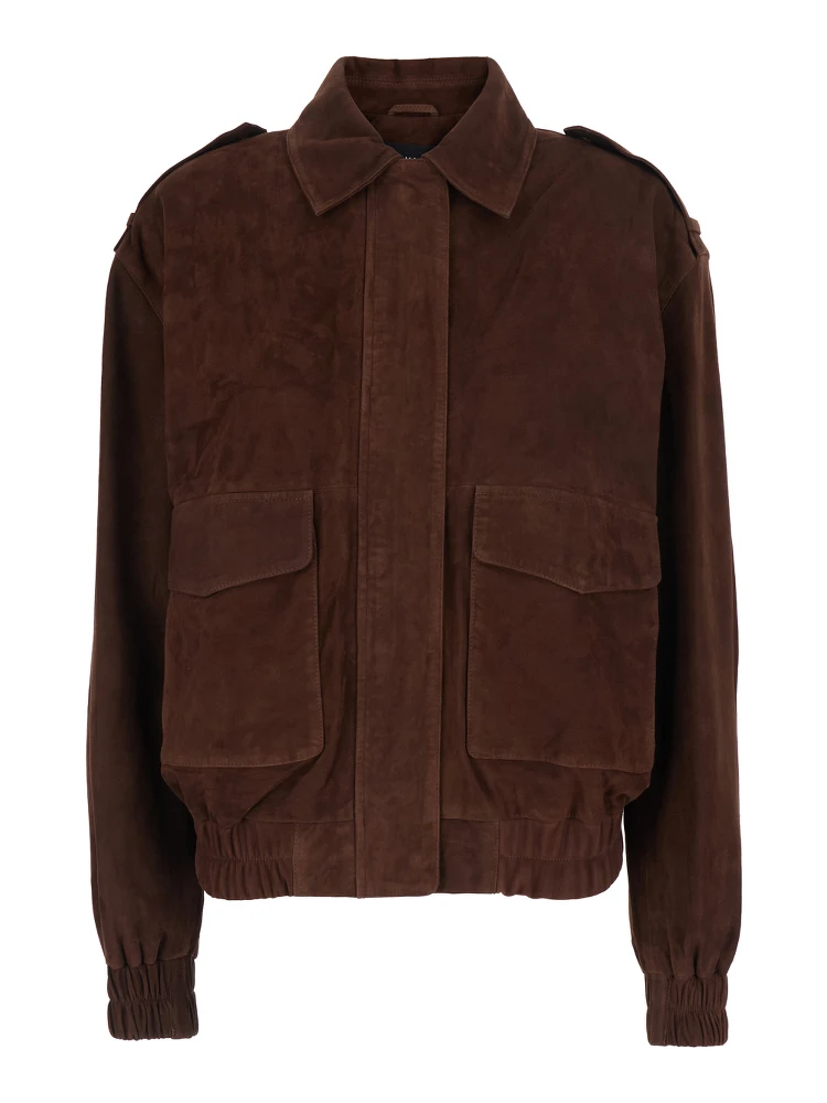 Halti Brown Jacket with Front Patch Pockets and Elastic Hems in Suede Woman