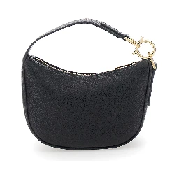 Black Handbag with Top Handle with Gancini and Embossed Logo Lettering on the Front in Grained Leather Woman