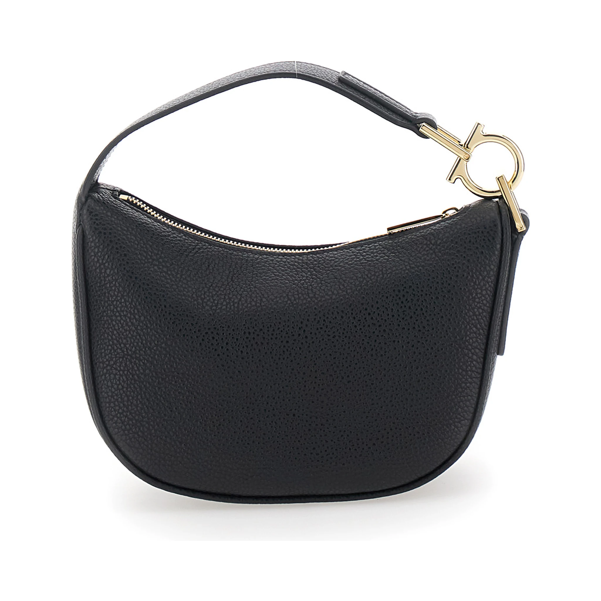 Black Handbag with Top Handle with Gancini and Embossed Logo Lettering on the Front in Grained Leather Woman