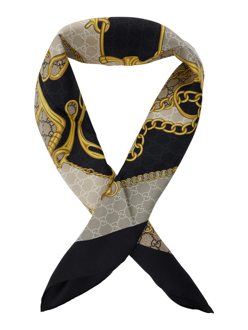 Multicolor Square Scarf with Horsebit Print in Silk Woman