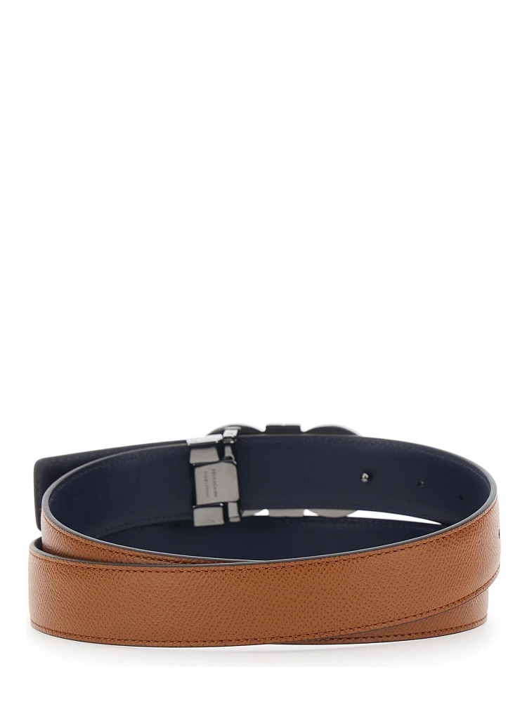 Beige Reversible Belt with Gancini Buckle in Hammered Leather Man alternative