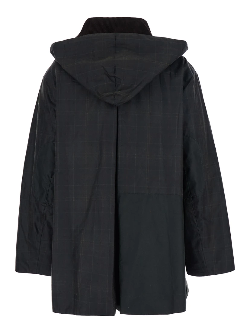 Dark Brown Jacket with All-Over Stripe Motif and Logo Patch on the Front in Waxed Cotton Woman