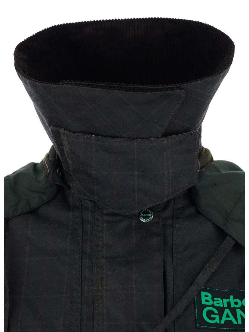 Dark Brown Jacket with All-Over Stripe Motif and Logo Patch on the Front in Waxed Cotton Woman