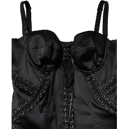 Black Satin Acetate Lace Eyelets Mini Dress