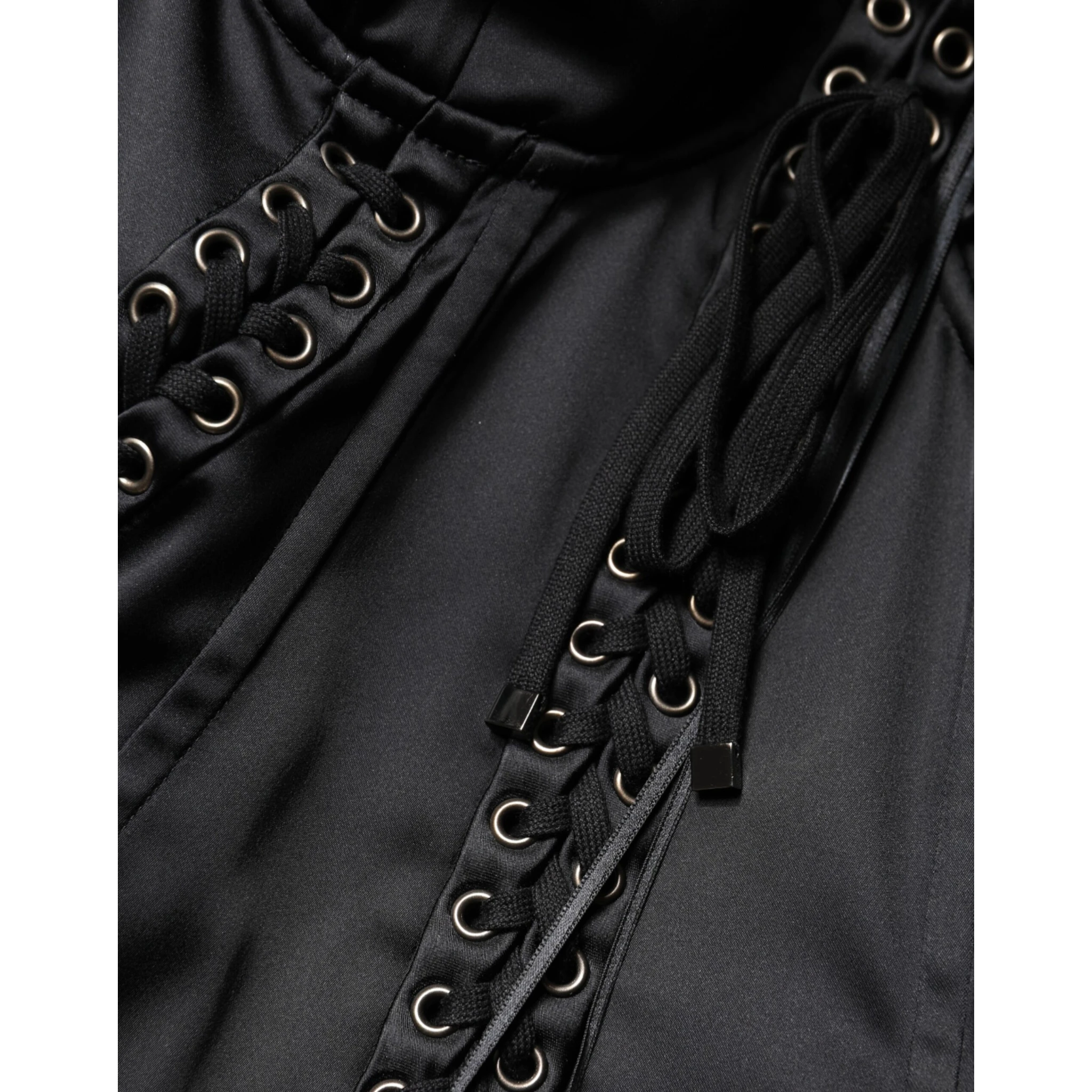 Black Satin Acetate Lace Eyelets Mini Dress
