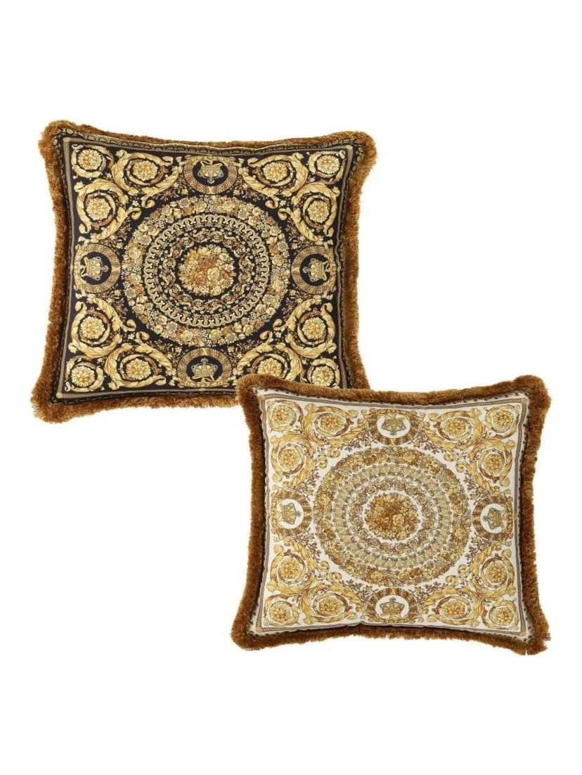 Gold, Black and White Pillow  in Silk and Synthetic Fibers with Baroque Print