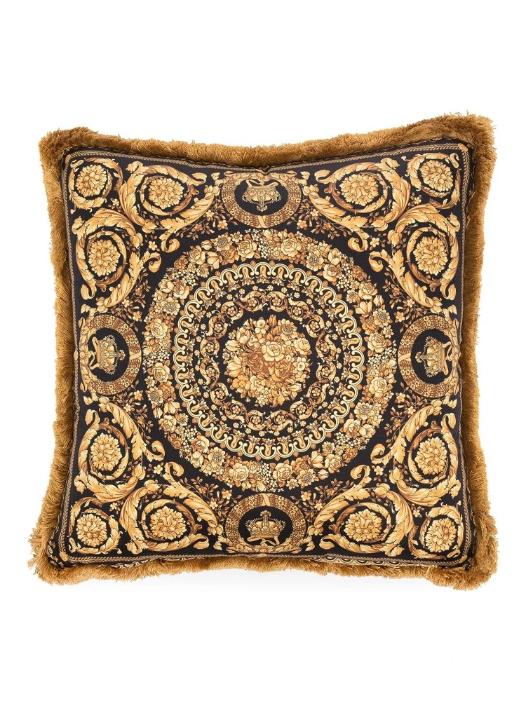 Gold, Black and White Pillow  in Silk and Synthetic Fibers with Baroque Print alternative