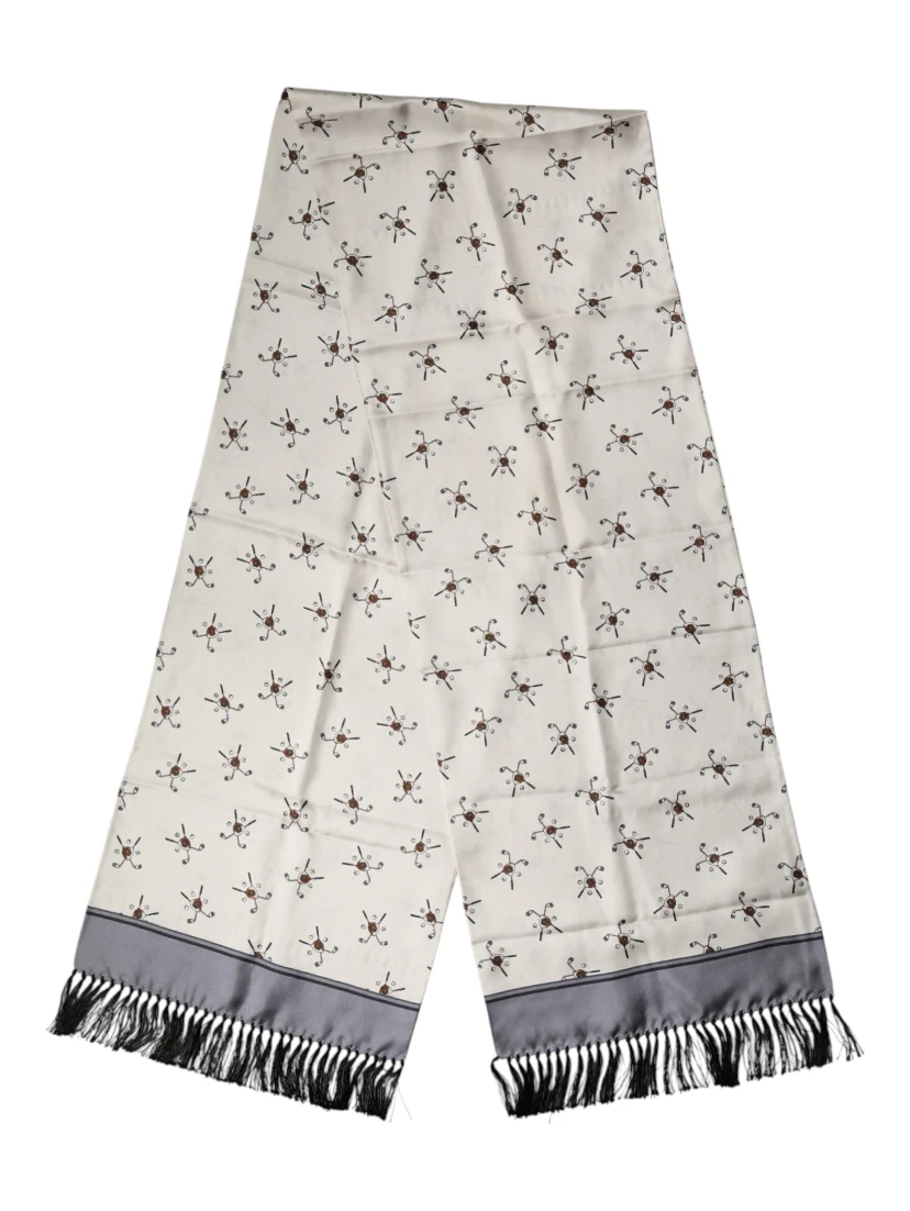 White Printed Fringes Wrap Foulard Men 183cm x 33cm Scarf