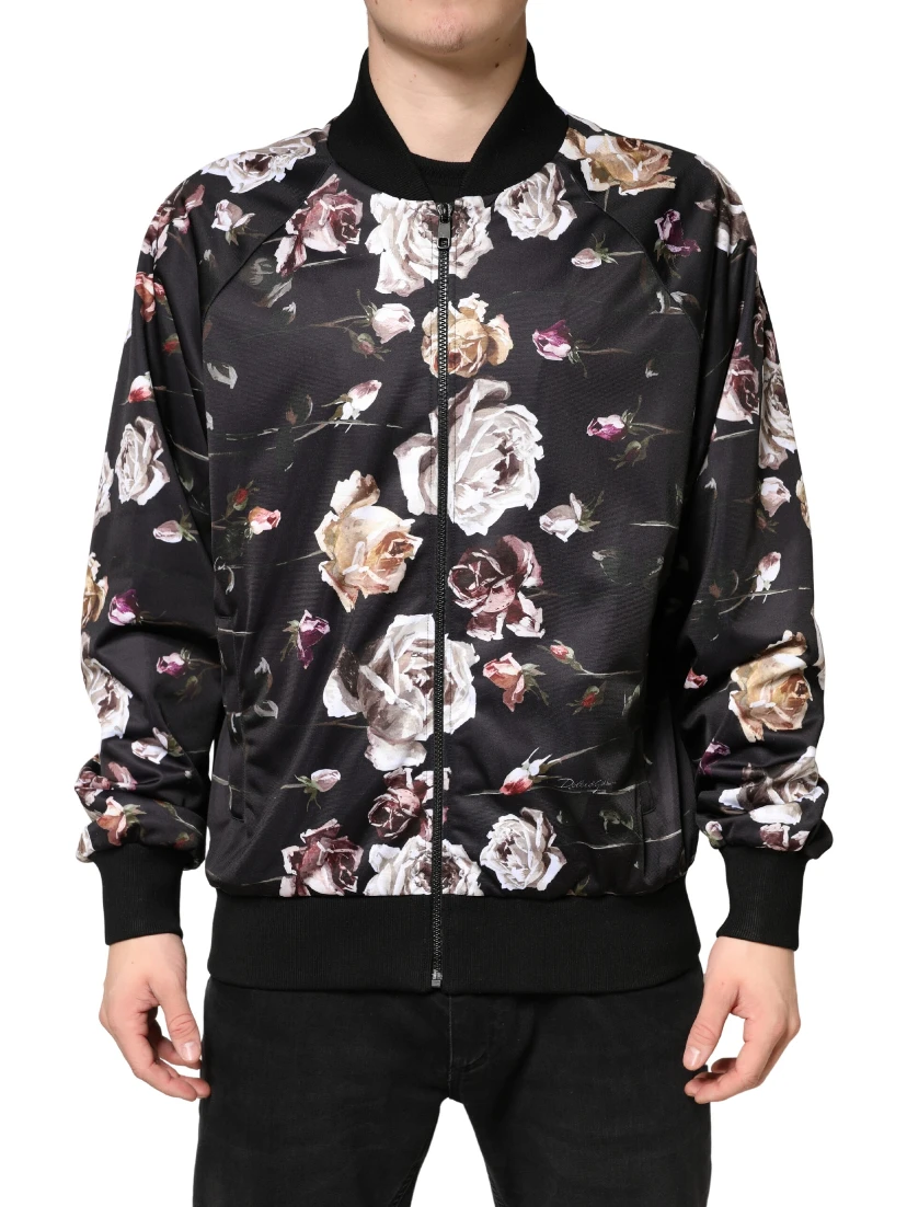Black Floral Polyester Full Zip Bomber Jacket