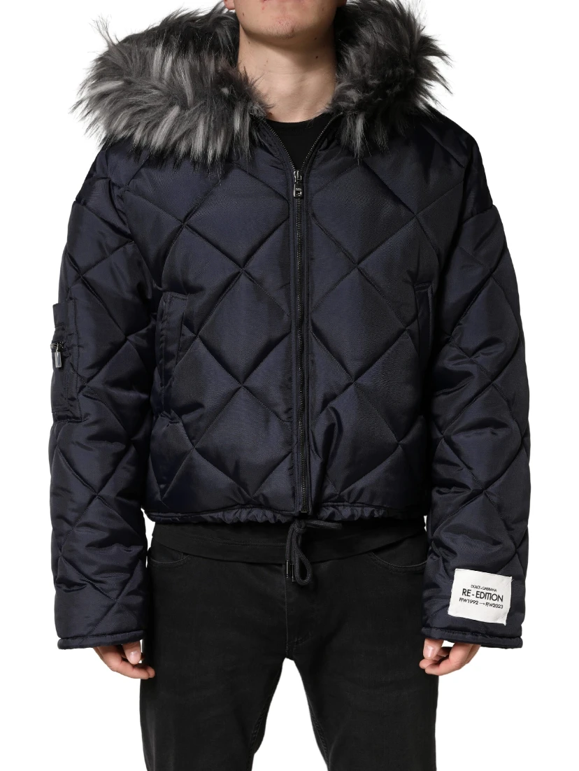 Black Quilted Fur Shearling Hooded  Jacket