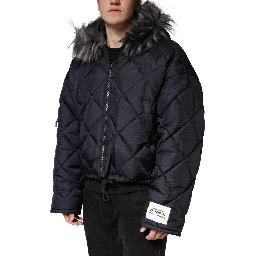 Black Quilted Fur Shearling Hooded  Jacket