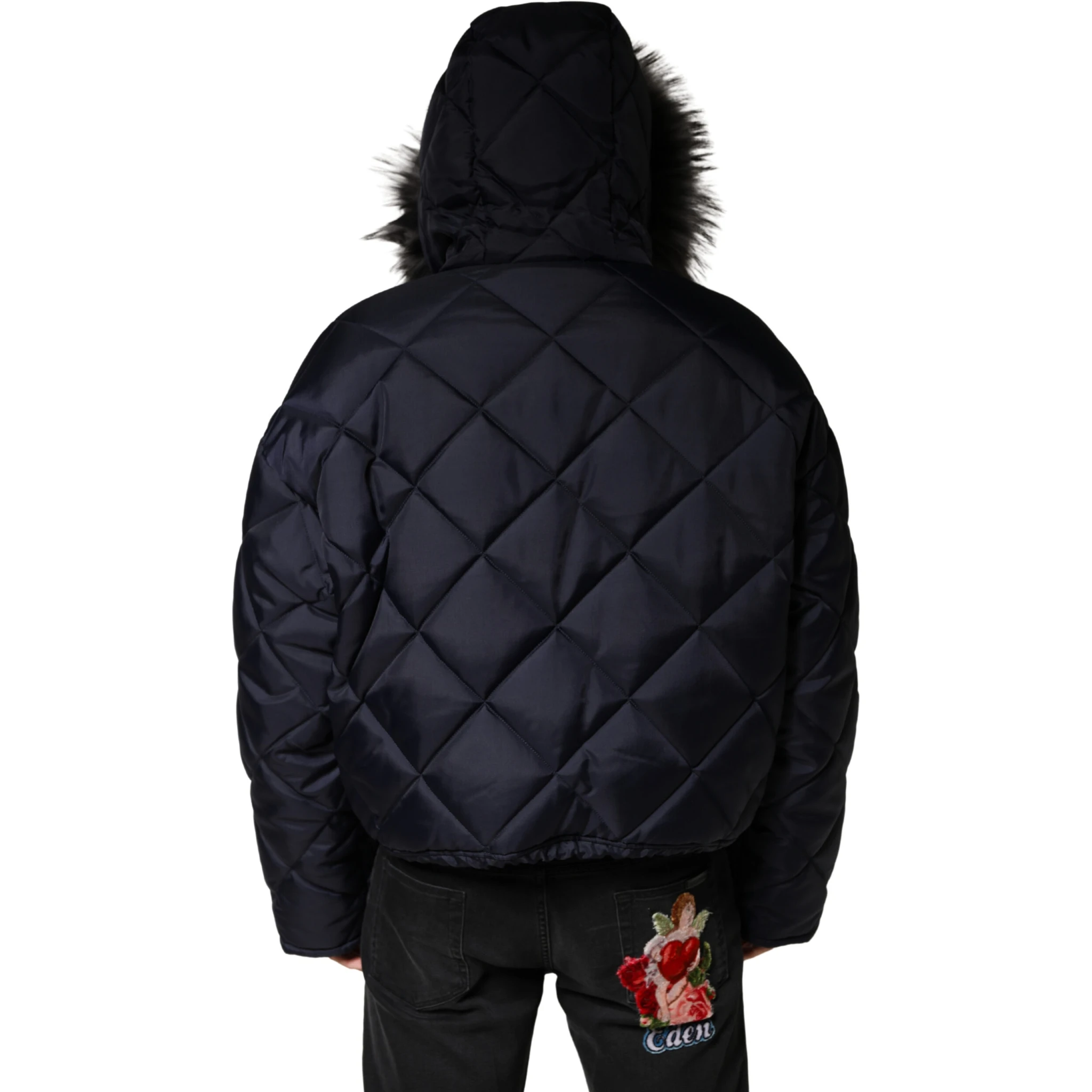 Black Quilted Fur Shearling Hooded  Jacket