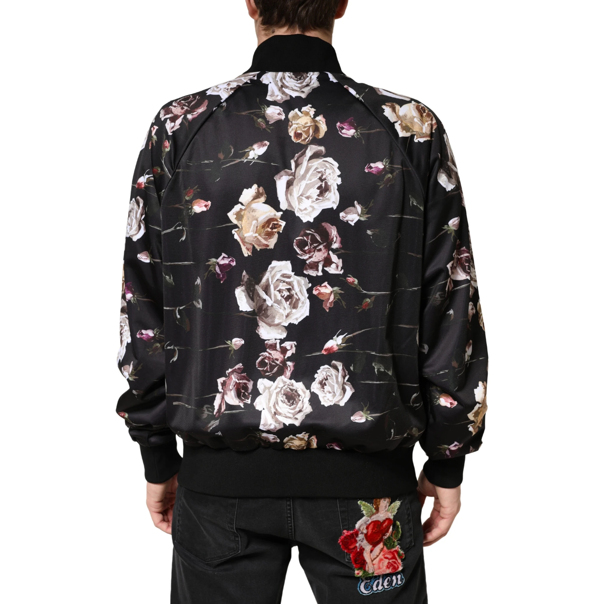 Black Floral Polyester Full Zip Bomber Jacket