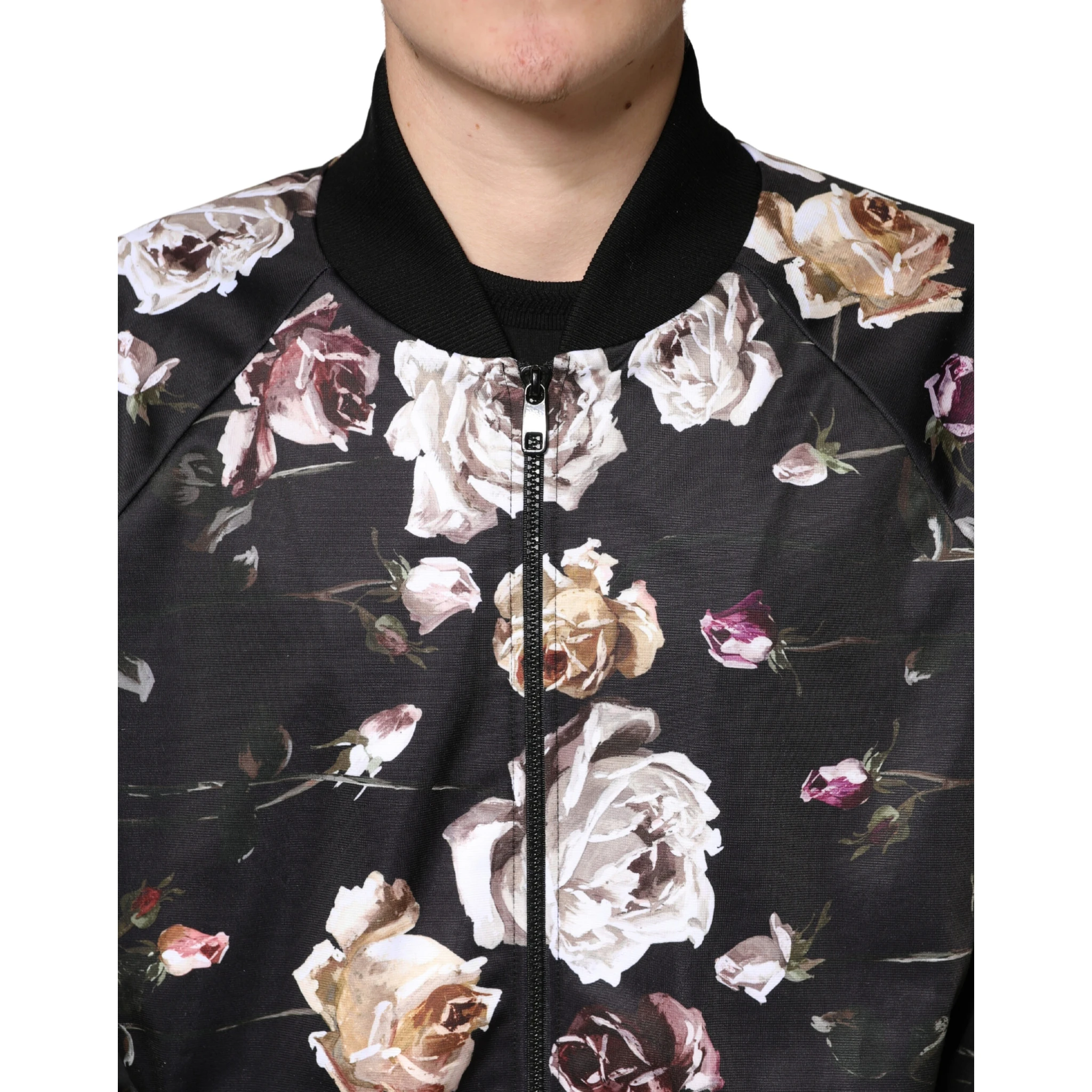 Black Floral Polyester Full Zip Bomber Jacket