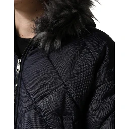 Black Quilted Fur Shearling Hooded  Jacket