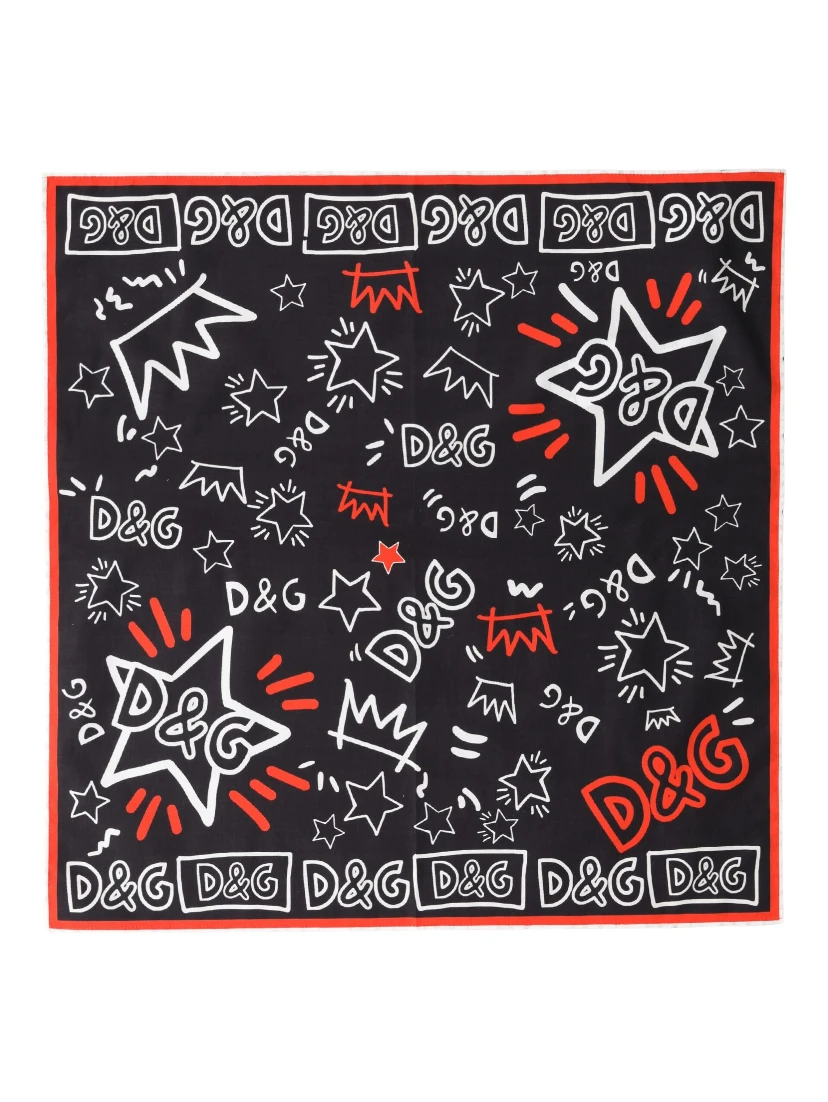 Black White Red DG Crown Cotton Foulard 47cm x 46cm Scarf