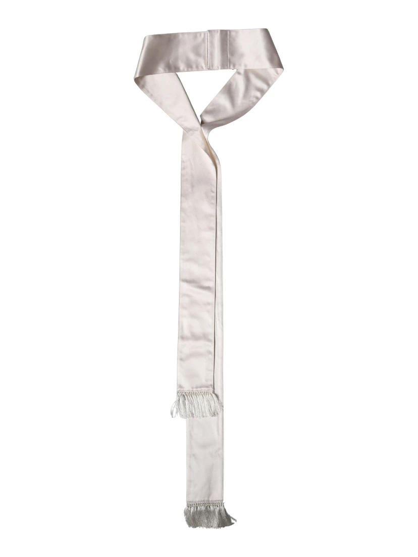 White Silk Satin Fringes Foulard 282cm x 10cm Men Scarf