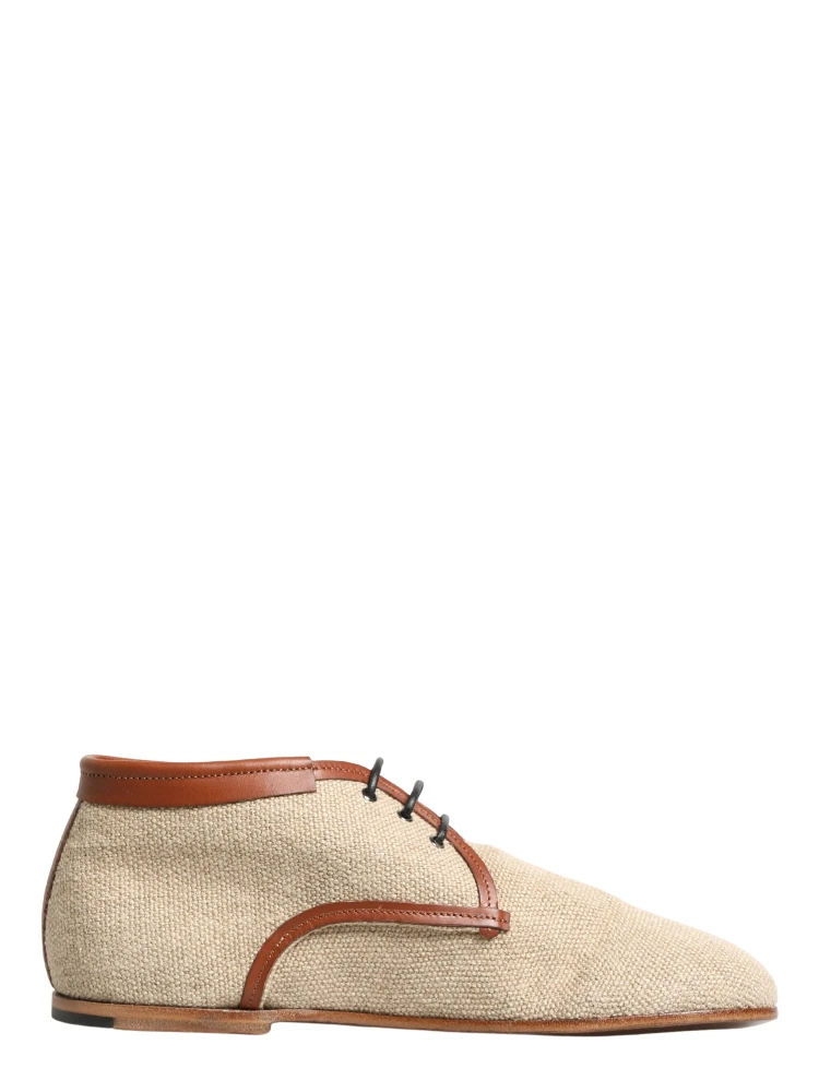 Beige Canvas Leather Trim Dress Derby Shoes