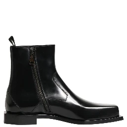 Black Leather Zip Closure Ankle Boots Shoes