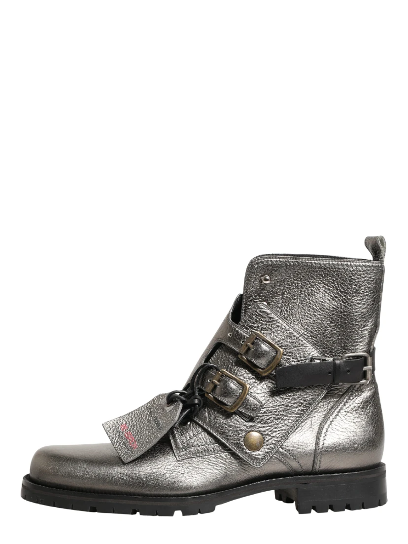 Metallic Silver Leather Buckle Ankle Boots Shoes