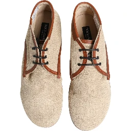 Beige Canvas Leather Trim Dress Derby Shoes