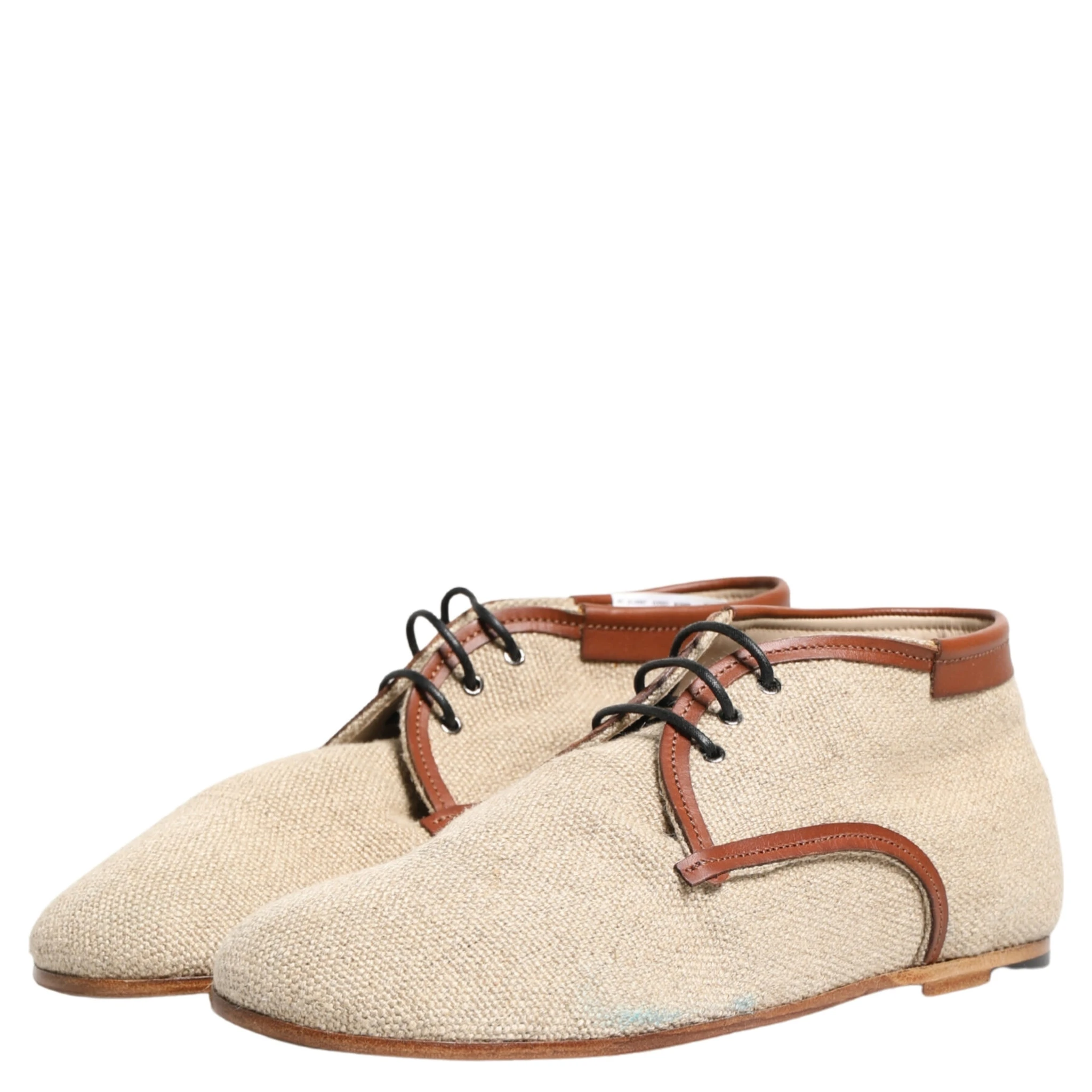 Beige Canvas Leather Trim Dress Derby Shoes