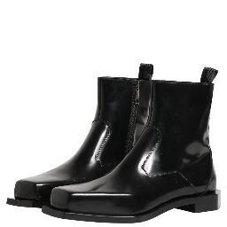 Black Leather Zip Closure Ankle Boots Shoes