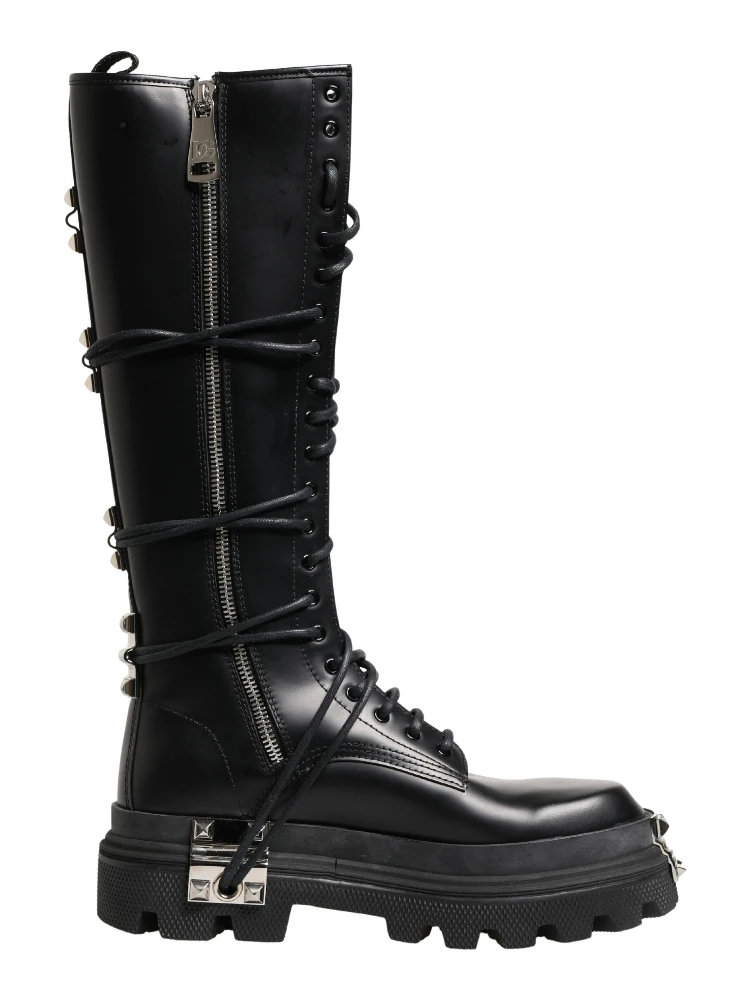 Black Leather Knee High Combat Boots Shoes